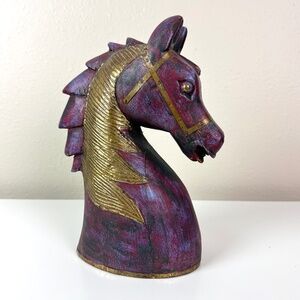 Vintage Carved Wooden Horse Head Bust Brass Accents - Made in India